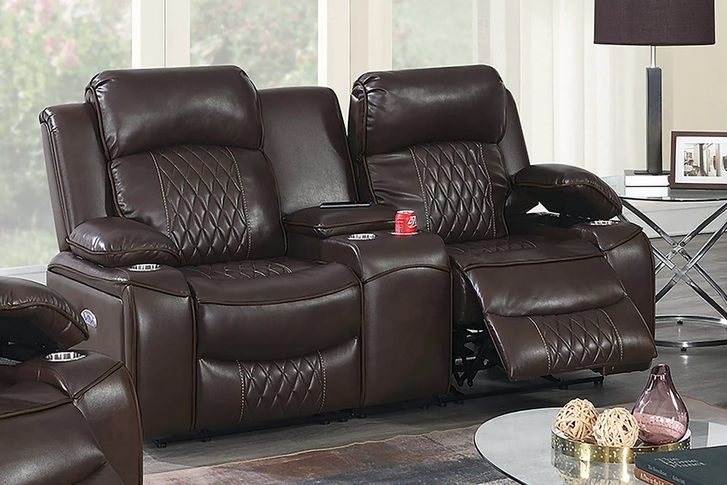 Poundex F86403-02 2 pc Diligent power motion brown leatherette sofa and love seat set power headrests