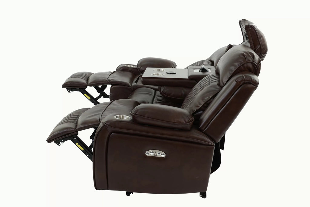 Poundex F86403-02 2 pc Diligent power motion brown leatherette sofa and love seat set power headrests