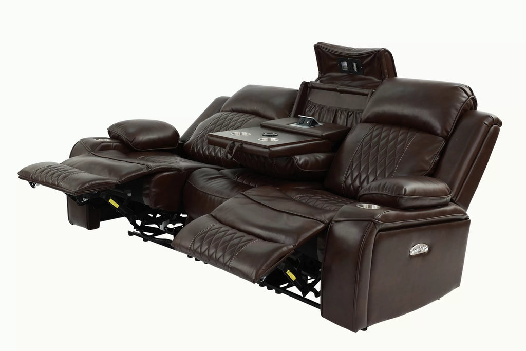 Poundex F86403-02 2 pc Diligent power motion brown leatherette sofa and love seat set power headrests