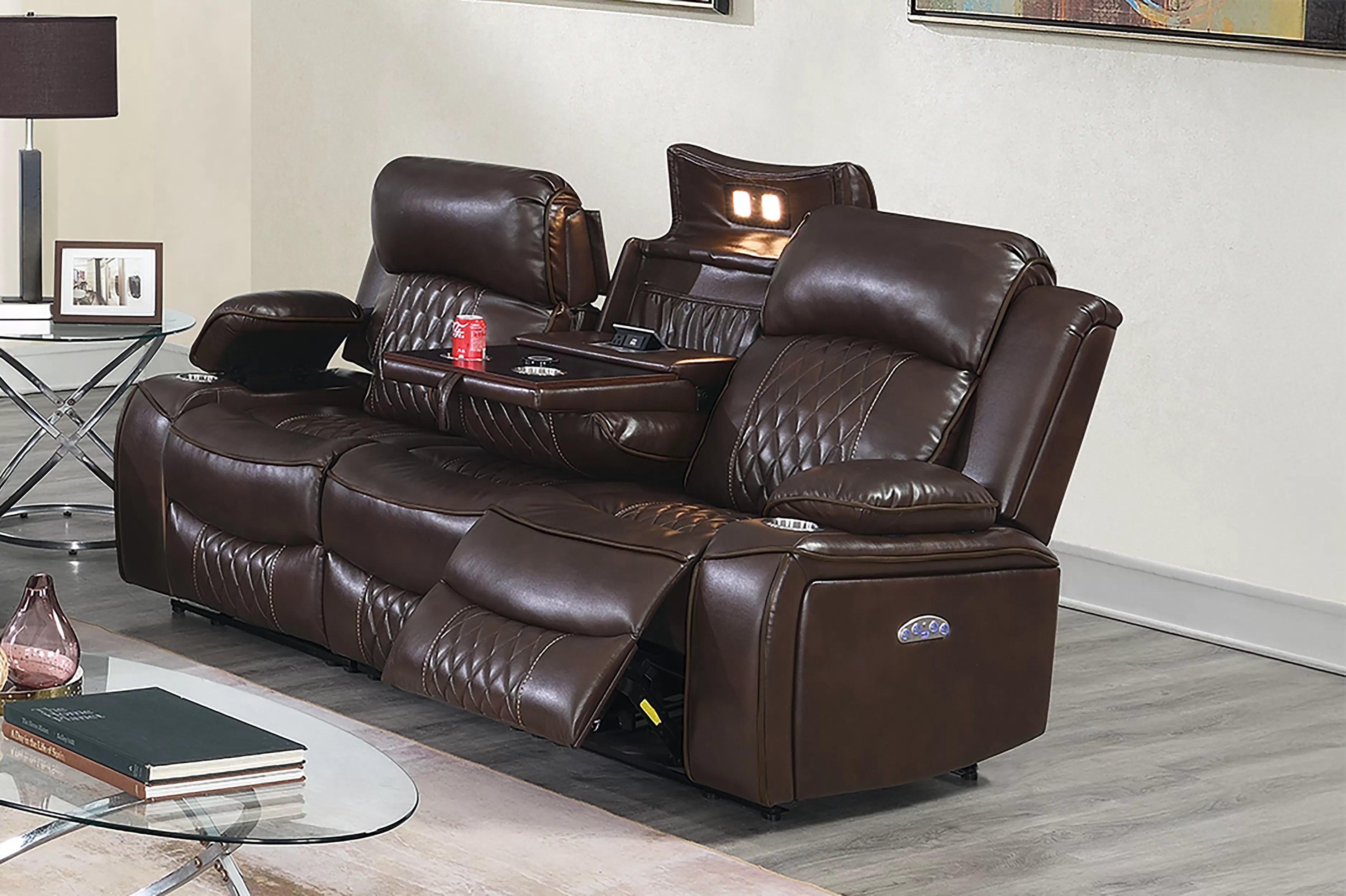 Poundex F86403-02 2 pc Diligent power motion brown leatherette sofa and love seat set power headrests