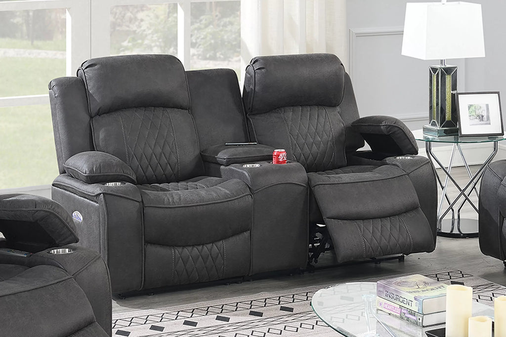 Poundex F86406-05 2 pc Diligent power motion charcoal leatherette sofa and love seat set power headrests