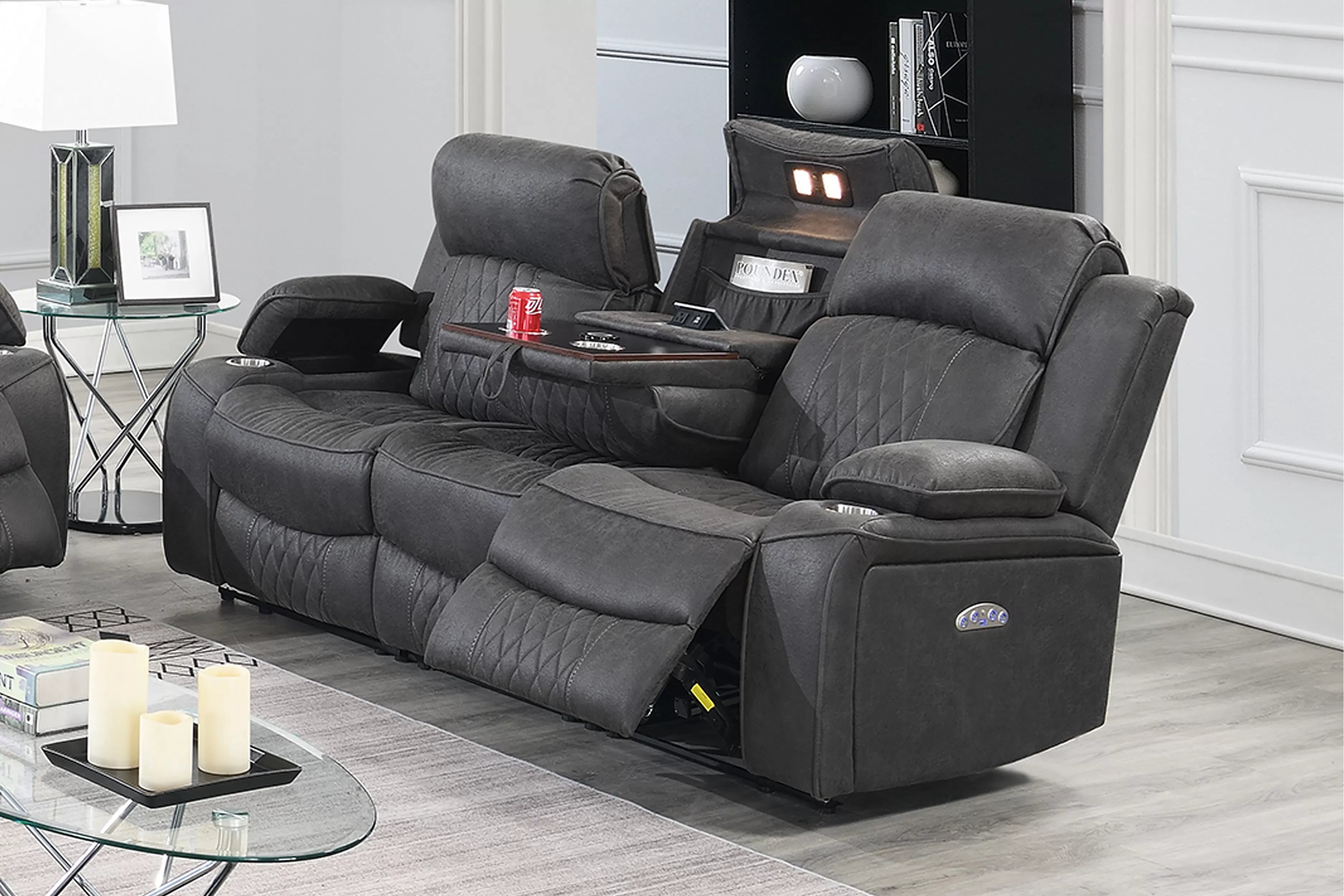 Poundex F86406-05 2 pc Diligent power motion charcoal leatherette sofa and love seat set power headrests
