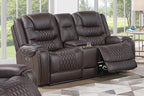 Poundex F86533-32 2 pc Chocolate top grain leather match power motion sofa and love seat set power headrests drop down tray table with wireless charging