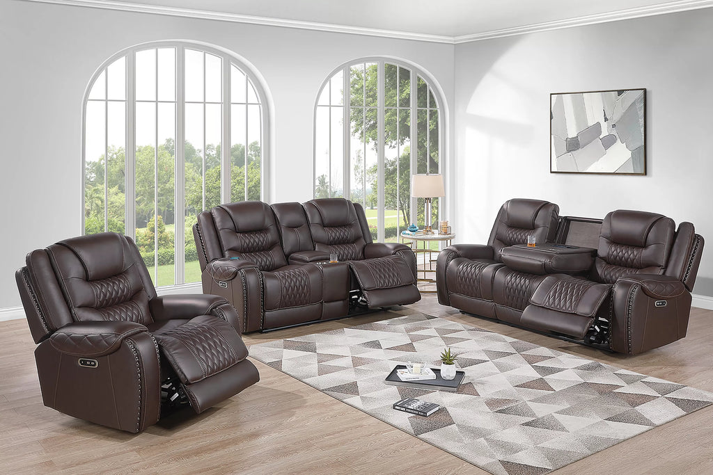 Poundex F86533-32 2 pc Chocolate top grain leather match power motion sofa and love seat set power headrests drop down tray table with wireless charging