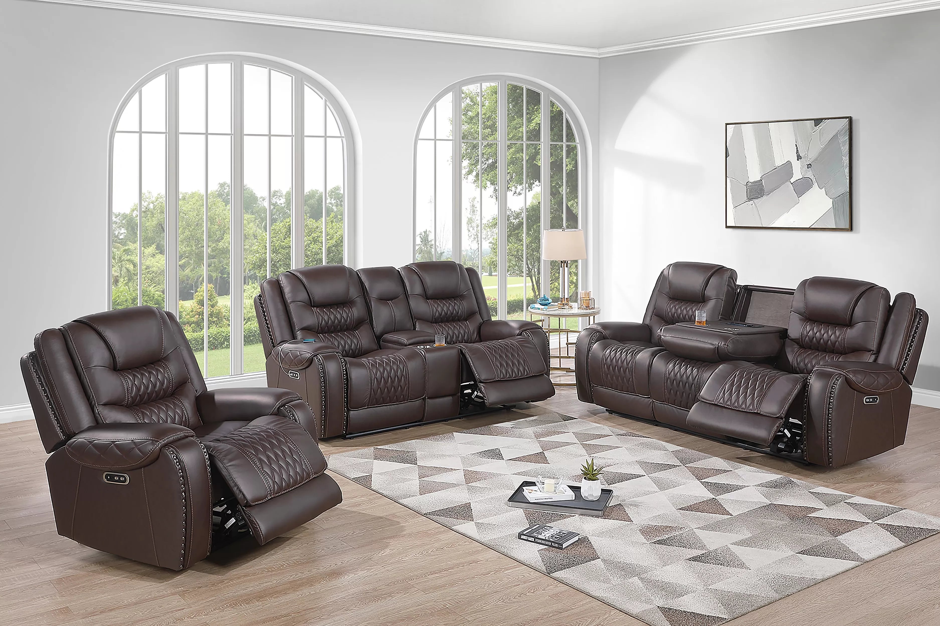 Poundex F86533-32 2 pc Chocolate top grain leather match power motion sofa and love seat set power headrests drop down tray table with wireless charging
