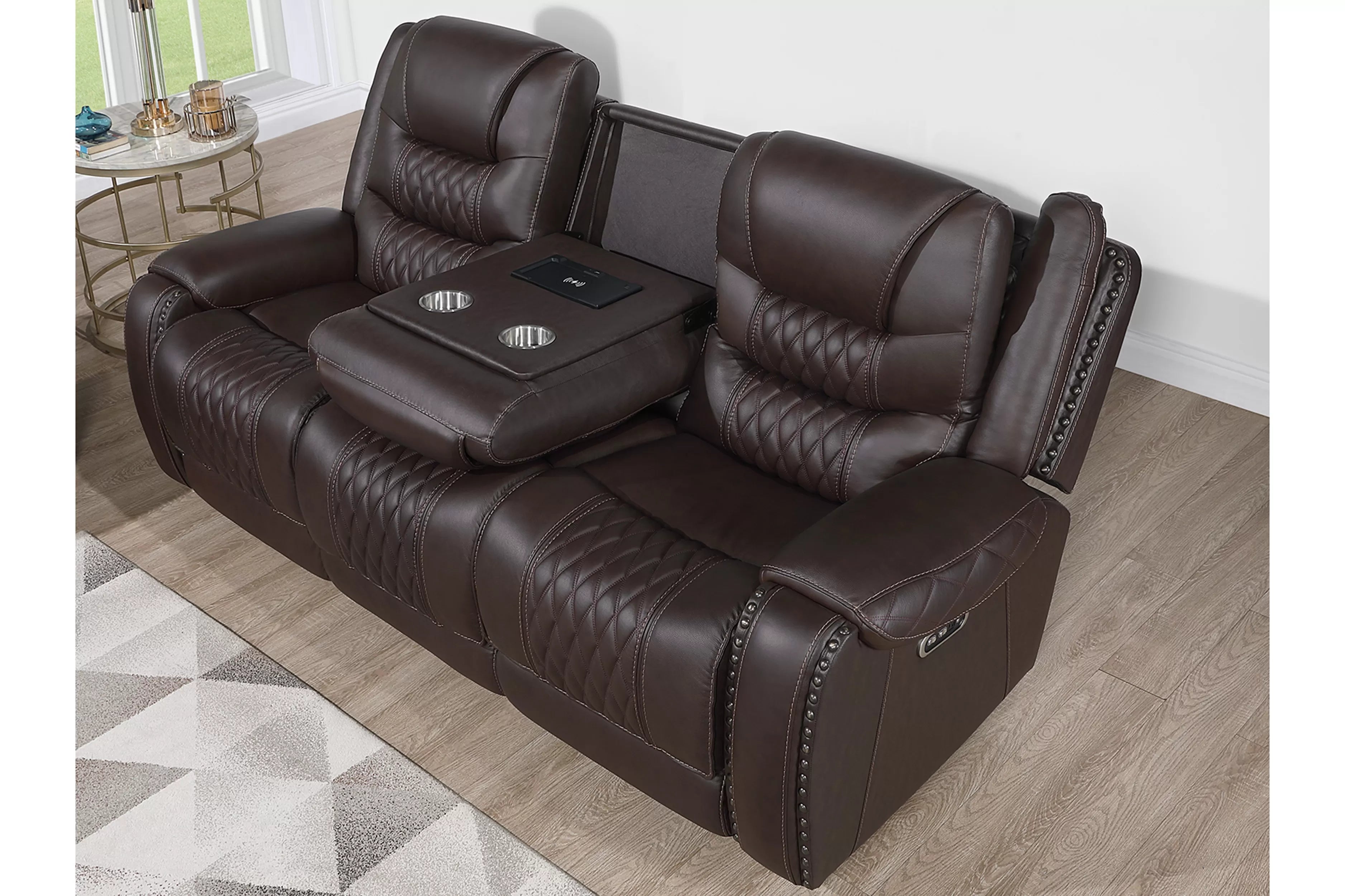 Poundex F86533-32 2 pc Chocolate top grain leather match power motion sofa and love seat set power headrests drop down tray table with wireless charging