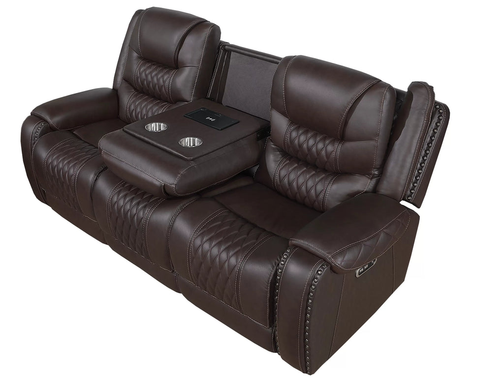Poundex F86533-32 2 pc Chocolate top grain leather match power motion sofa and love seat set power headrests drop down tray table with wireless charging