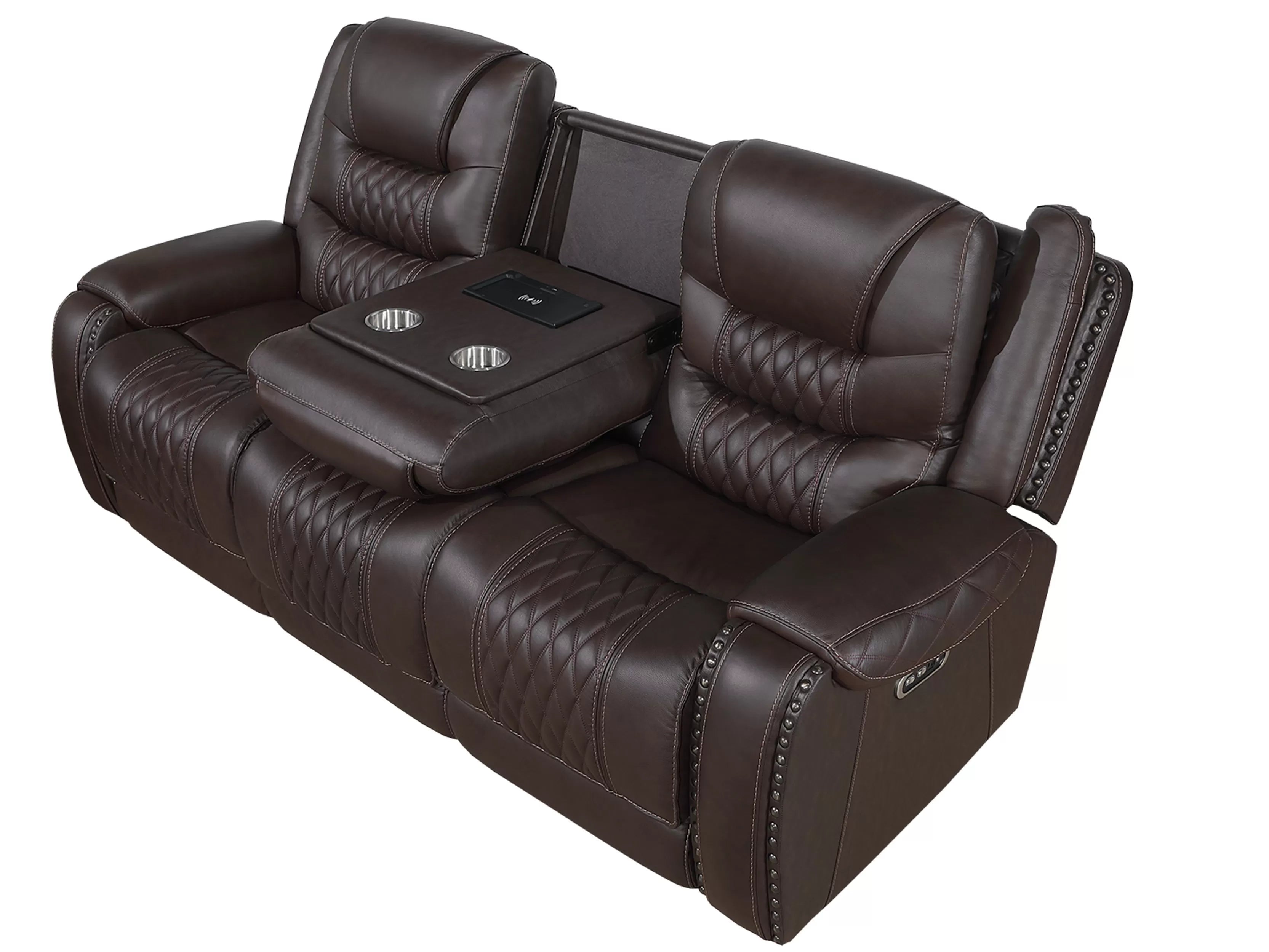 Poundex F86533-32 2 pc Chocolate top grain leather match power motion sofa and love seat set power headrests drop down tray table with wireless charging