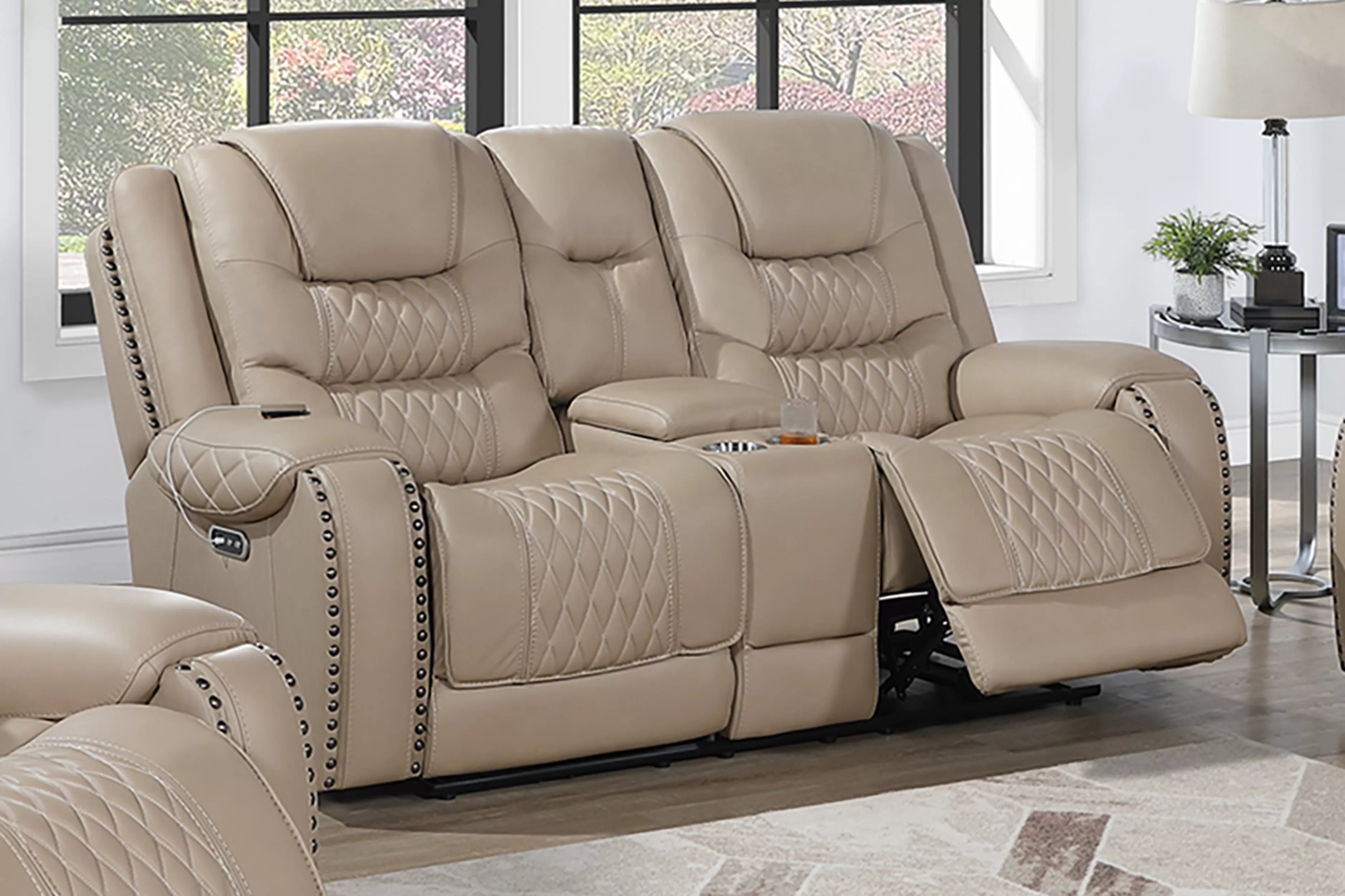 Poundex F86536-35 2 pc Toffee top grain leather match power motion sofa and love seat set power headrests drop down tray table with wireless charging