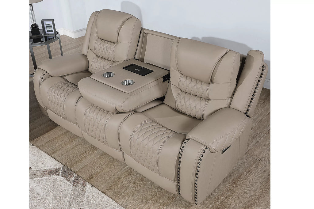Poundex F86536-35 2 pc Toffee top grain leather match power motion sofa and love seat set power headrests drop down tray table with wireless charging