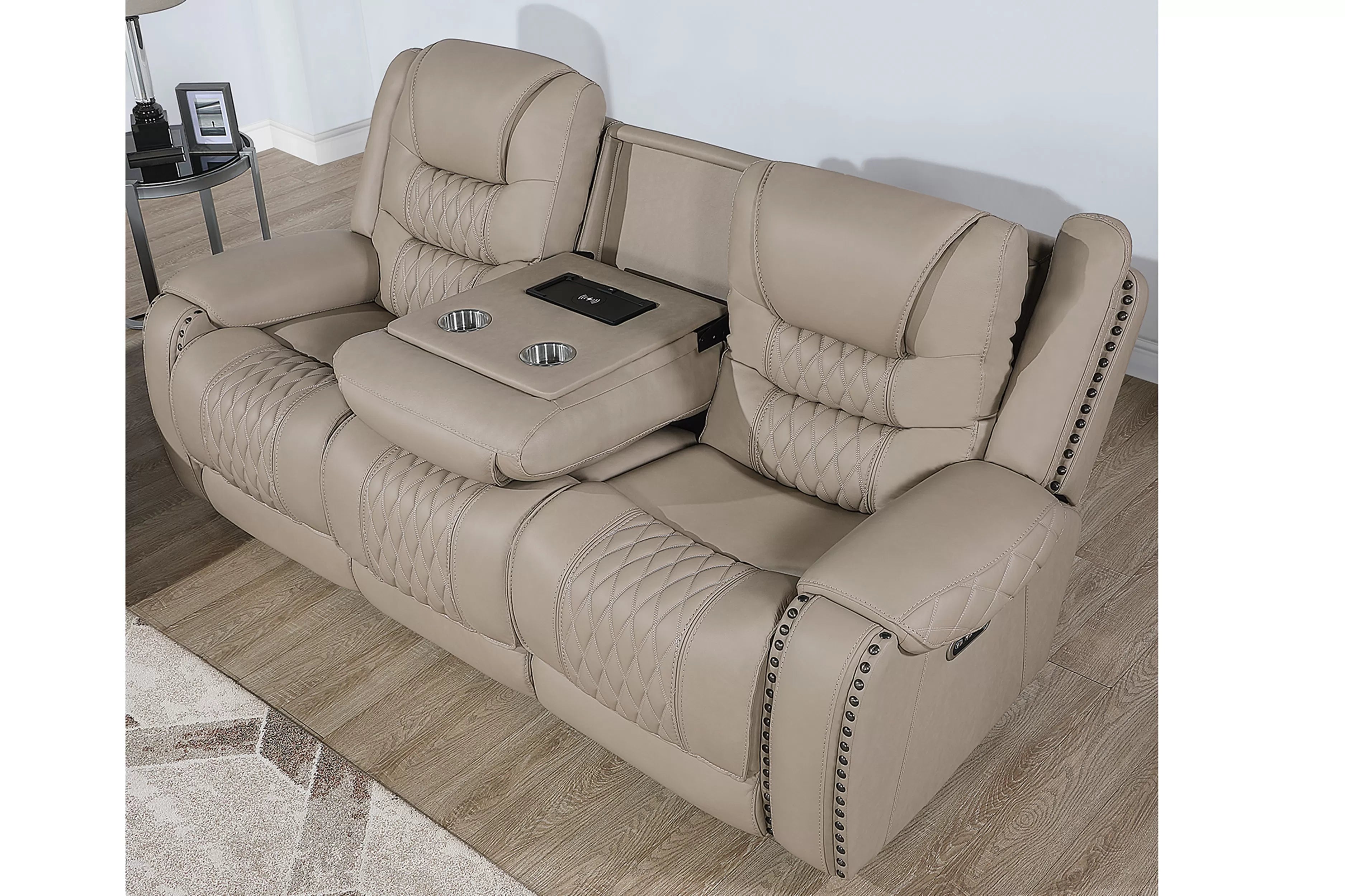Poundex F86536-35 2 pc Toffee top grain leather match power motion sofa and love seat set power headrests drop down tray table with wireless charging