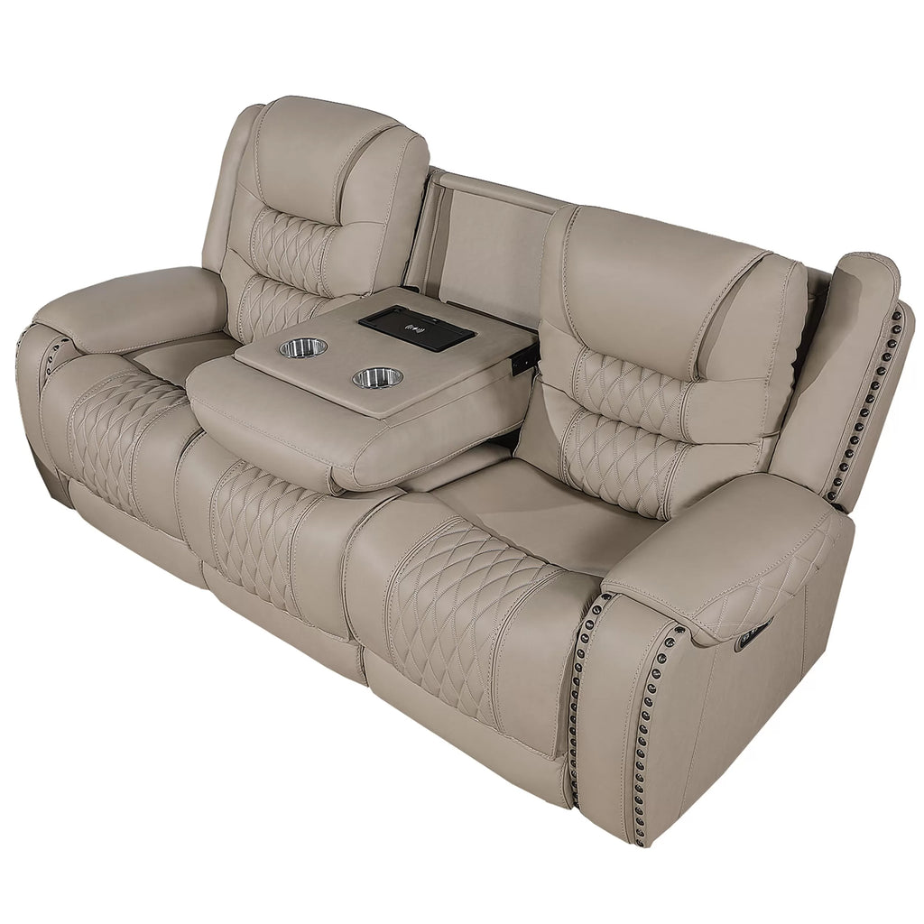 Poundex F86536-35 2 pc Toffee top grain leather match power motion sofa and love seat set power headrests drop down tray table with wireless charging