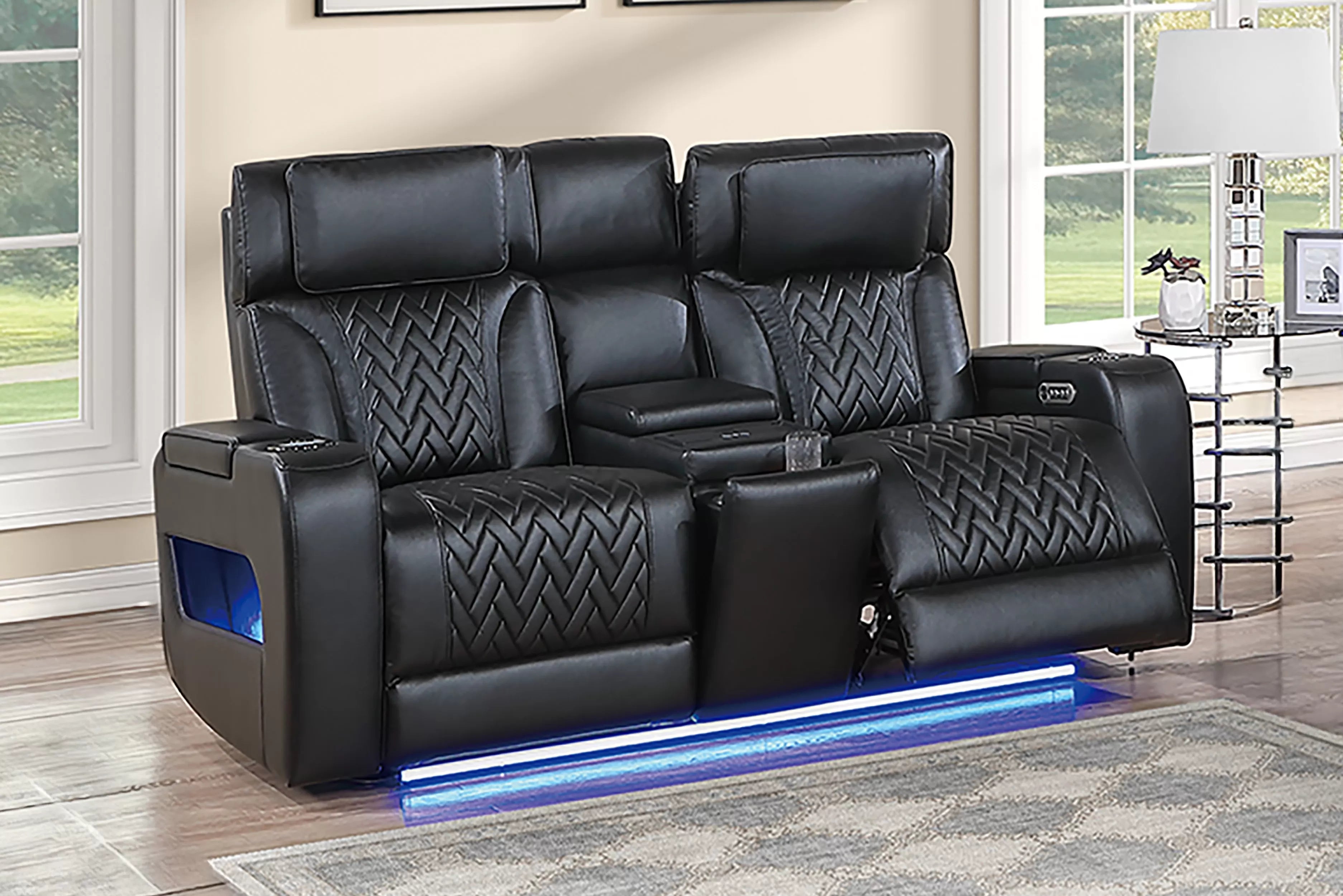 Poundex F86543-42 2 pc Black top grain leather match power motion sofa and love seat set power headrests drop down tray table with wireless charging LED