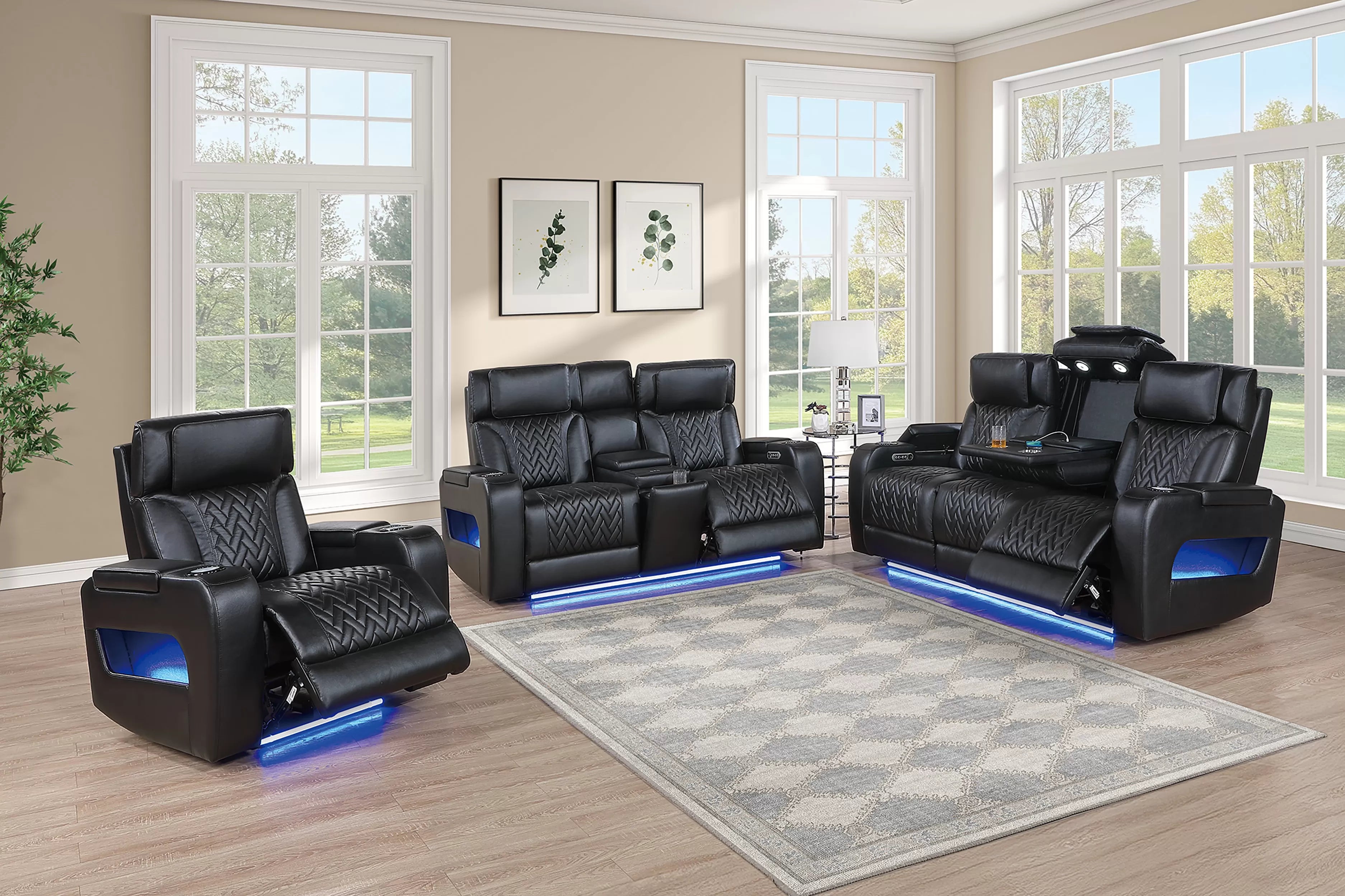 Poundex F86543-42 2 pc Black top grain leather match power motion sofa and love seat set power headrests drop down tray table with wireless charging LED