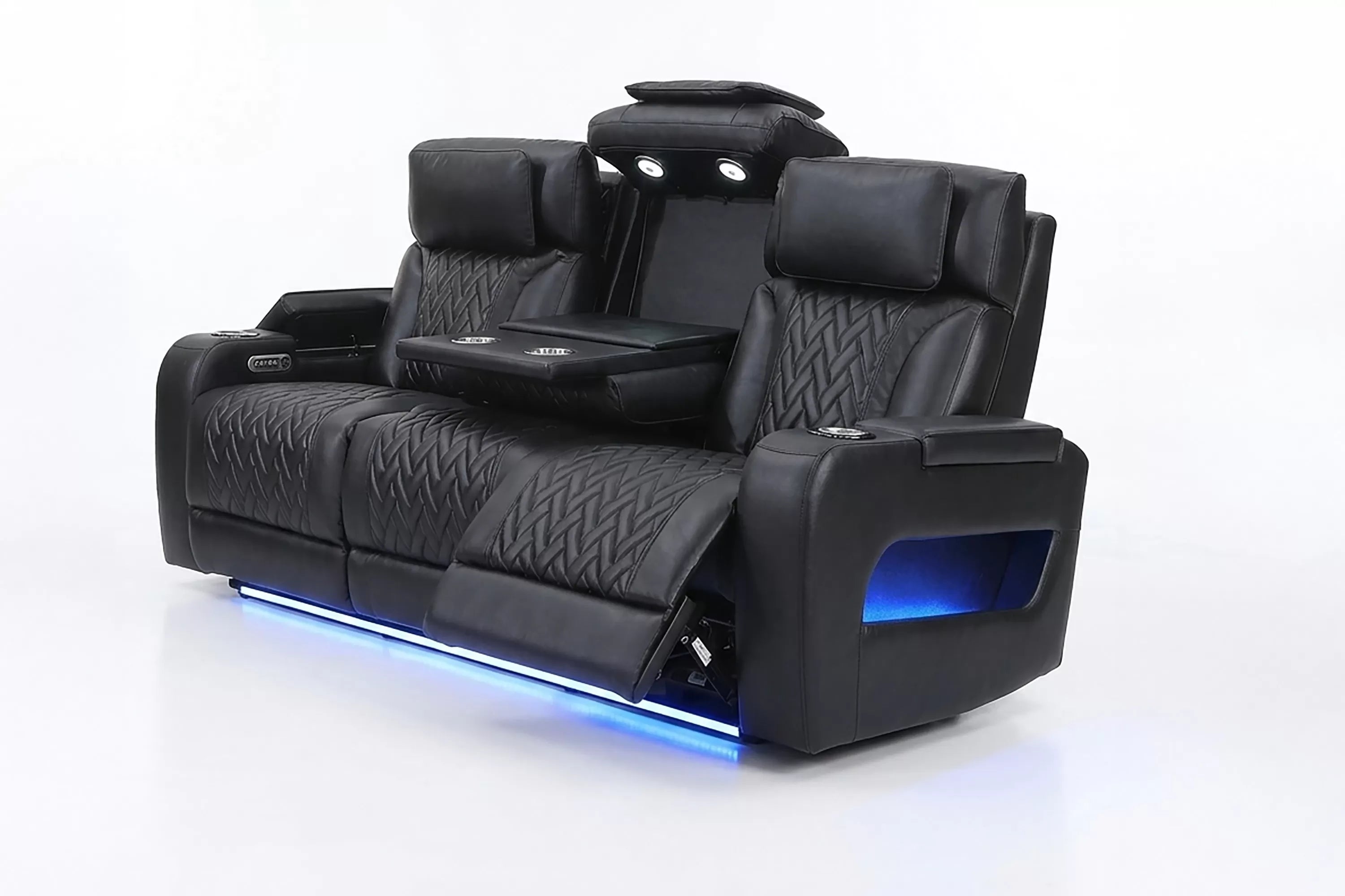 Poundex F86543-42 2 pc Black top grain leather match power motion sofa and love seat set power headrests drop down tray table with wireless charging LED