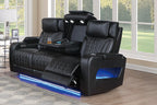 Poundex F86543-42 2 pc Black top grain leather match power motion sofa and love seat set power headrests drop down tray table with wireless charging LED