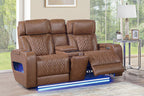 Poundex F86546-45 2 pc Caramel top grain leather match power motion sofa and love seat set power headrests drop down tray table with wireless charging LED