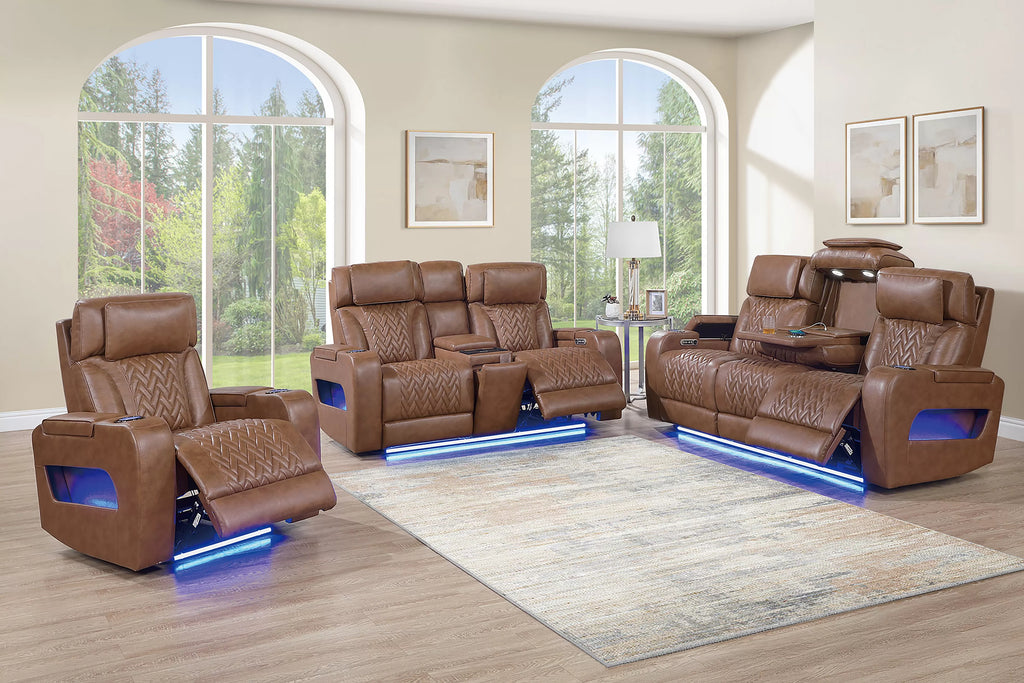 Poundex F86546-45 2 pc Caramel top grain leather match power motion sofa and love seat set power headrests drop down tray table with wireless charging LED