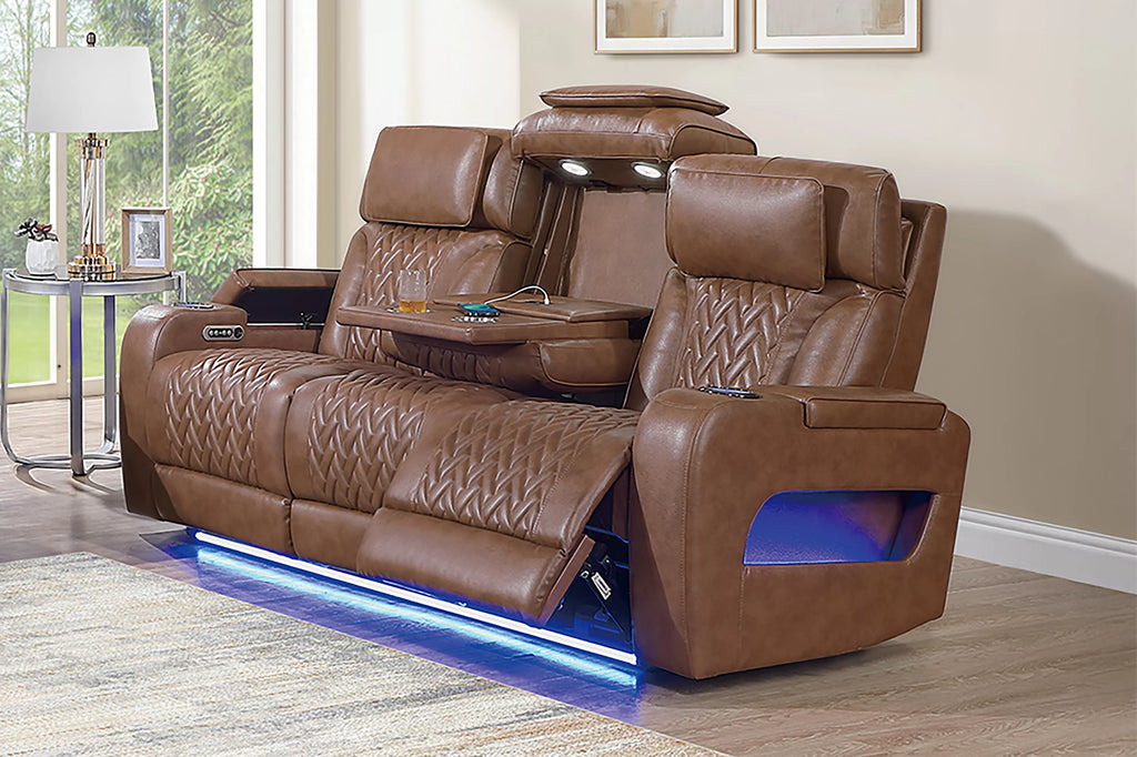 Poundex F86546-45 2 pc Caramel top grain leather match power motion sofa and love seat set power headrests drop down tray table with wireless charging LED