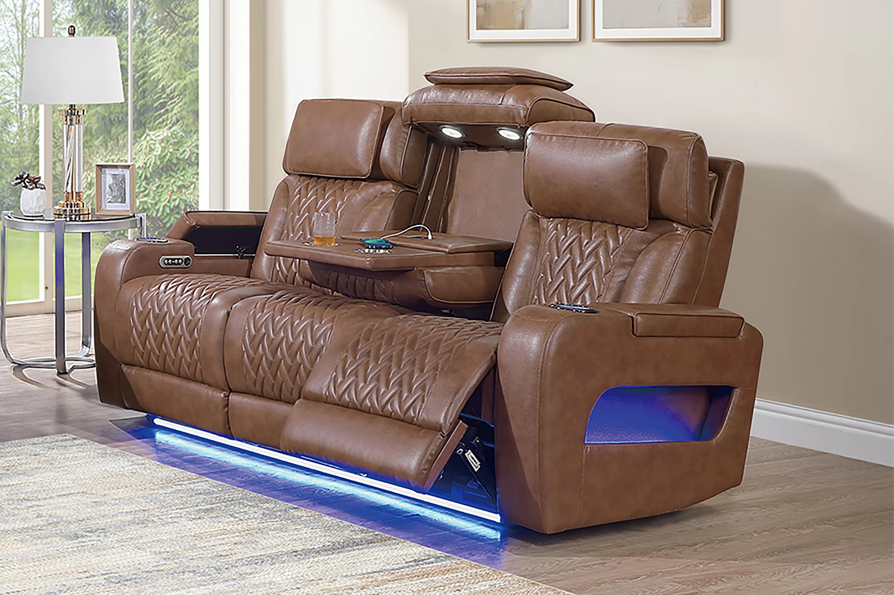 Poundex F86546-45 2 pc Caramel top grain leather match power motion sofa and love seat set power headrests drop down tray table with wireless charging LED