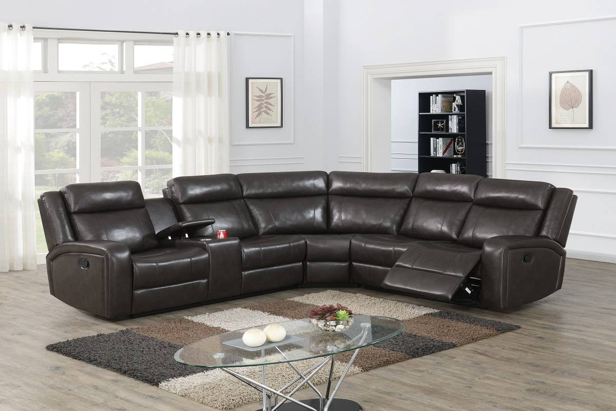 Poundex F8760 3 pc dark brown gel leatherette standard motion sectional sofa with console Red barrel studio Jubilee
