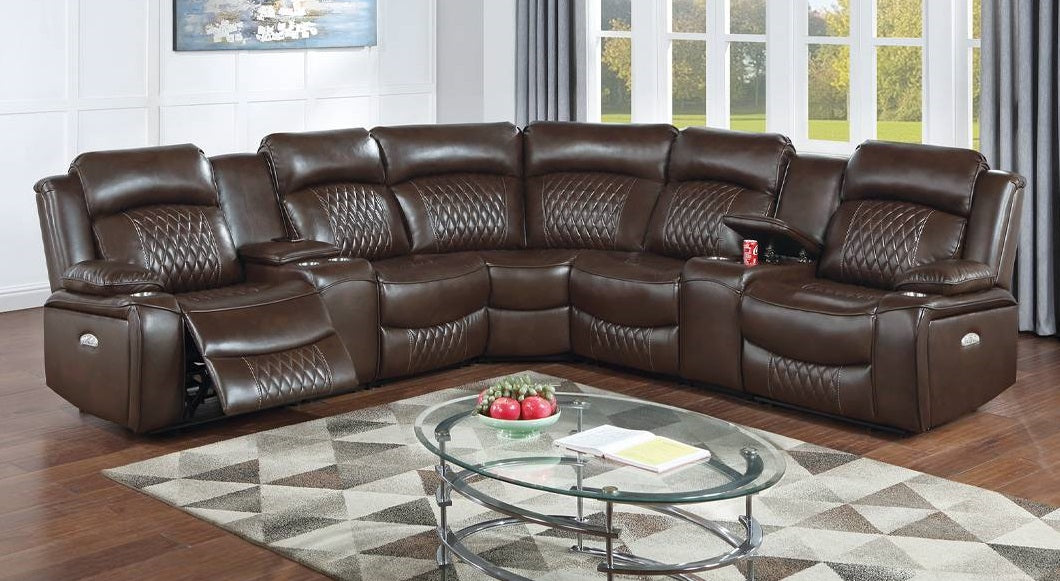 Poundex F86632 3 pc brown gel leatherette power motion recliners sectional sofa with consoles USB ports diamond pattern