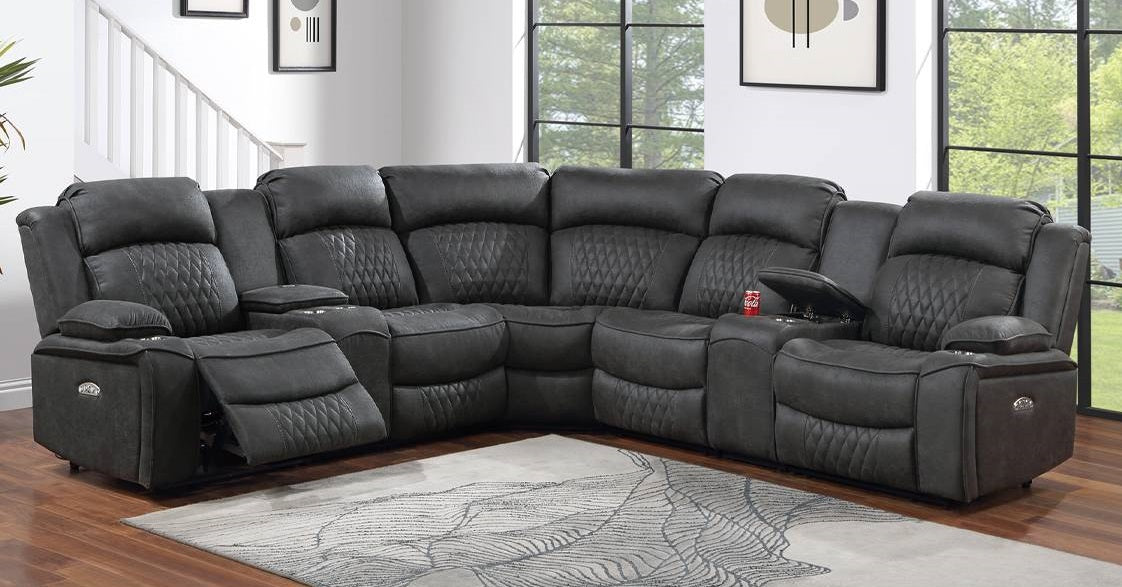 Poundex F86633 3 pc charcoal gel leatherette power motion recliners sectional sofa with consoles USB ports diamond pattern