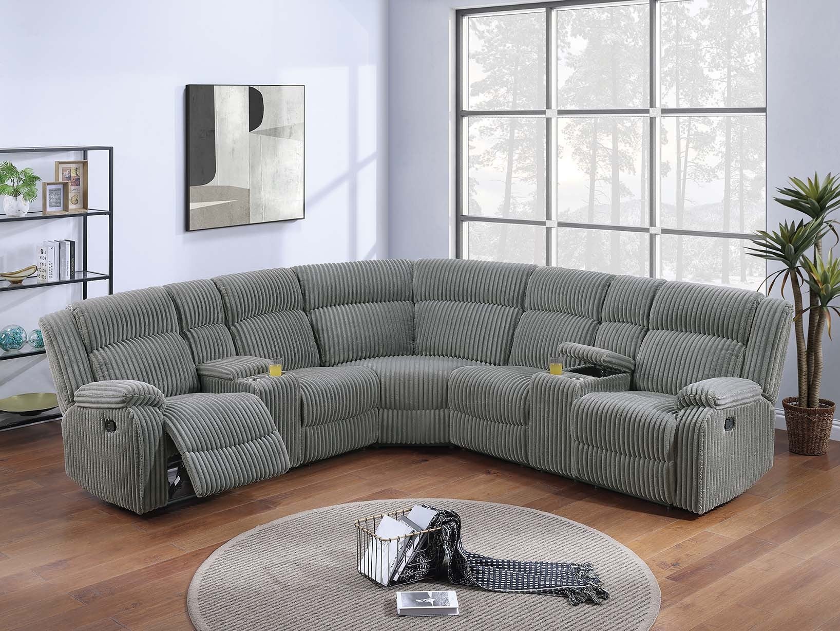 Poundex F86634  3 pc smoke grey wide welt corduroy sectional sofa with cup consoles and power motion recliners on the end