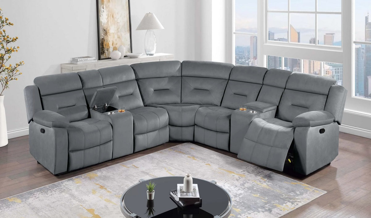 Poundex F86638 3 pc dark grey velvet fabric sectional sofa with drink consoles and power motion recliner ends
