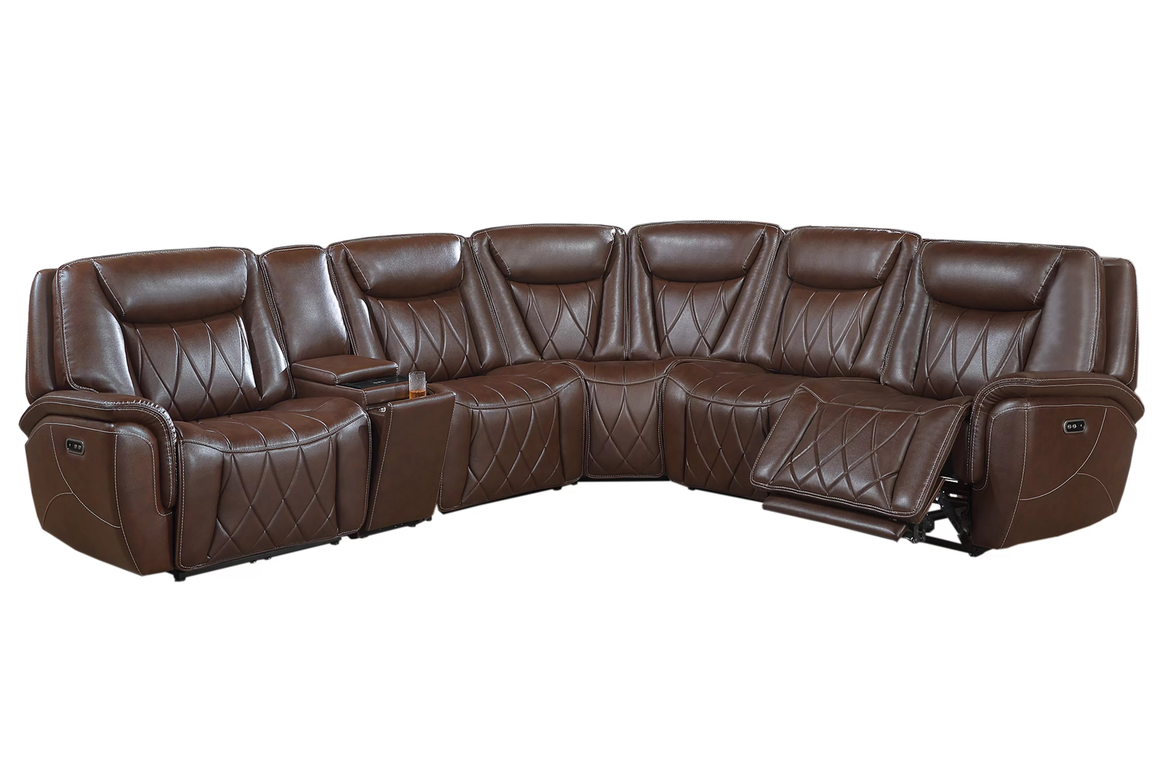 Poundex F86755 3 pc Coffee top grain leather match power motion recliners sectional sofa with console wireless charging diamond pattern