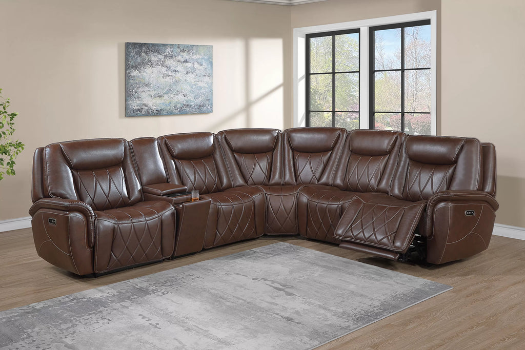 Poundex F86755 3 pc Coffee top grain leather match power motion recliners sectional sofa with console wireless charging diamond pattern