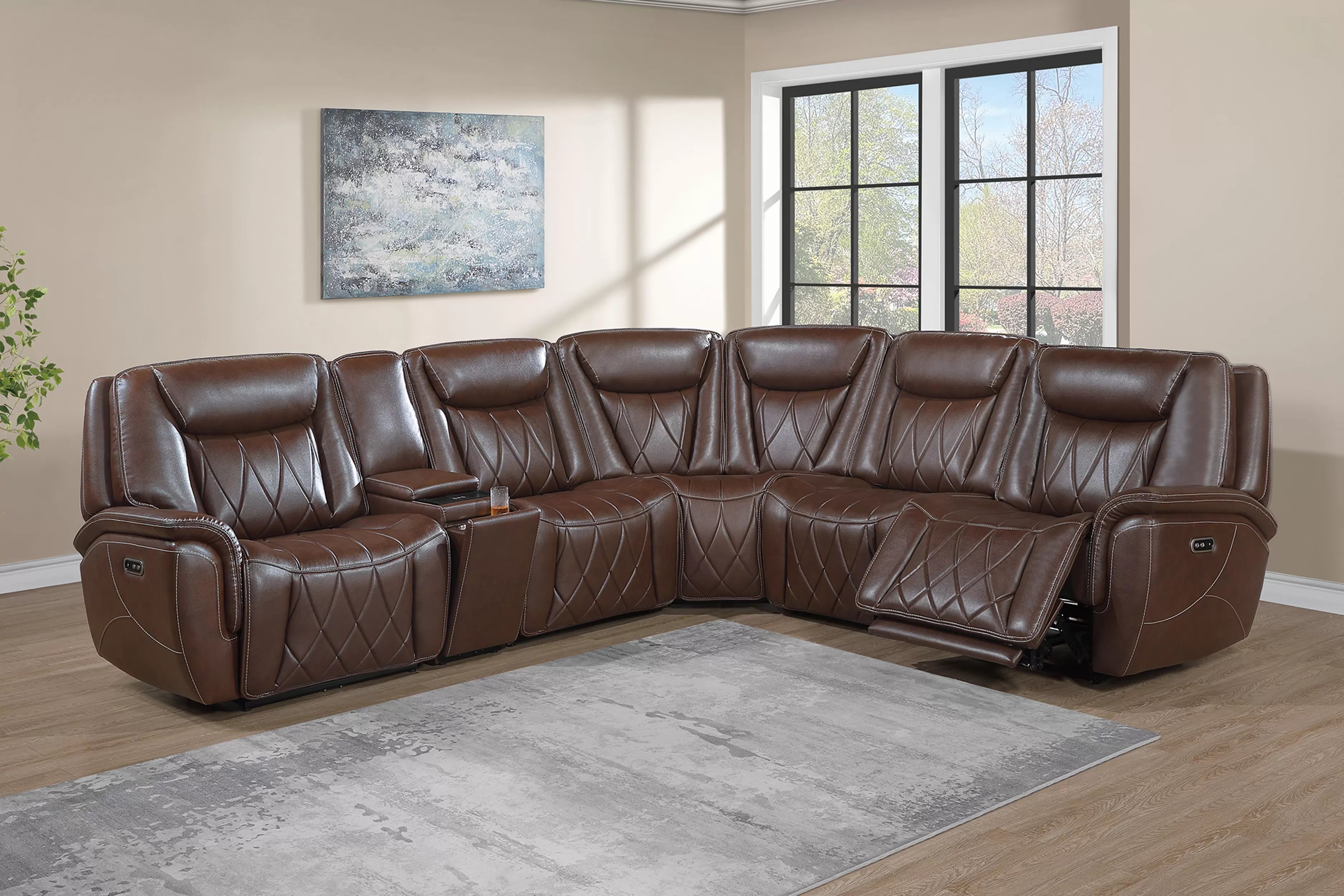 Poundex F86755 3 pc Coffee top grain leather match power motion recliners sectional sofa with console wireless charging diamond pattern