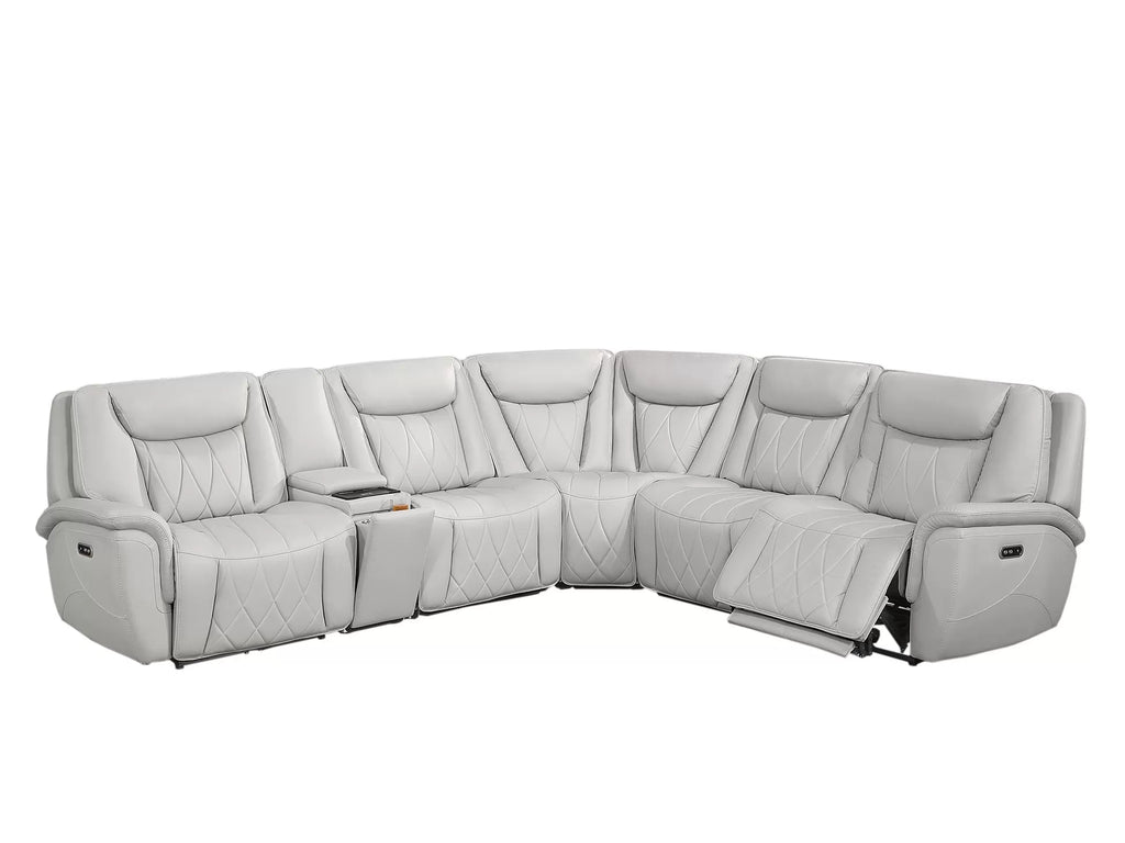 Poundex F86756 3 pc Light grey top grain leather match power motion recliners sectional sofa with console wireless charging diamond pattern
