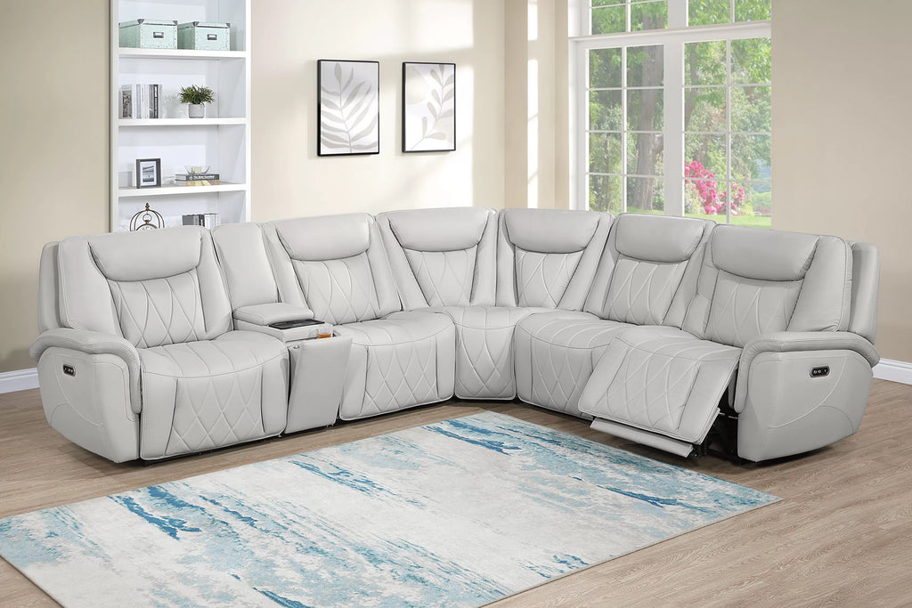 Poundex F86756 3 pc Light grey top grain leather match power motion recliners sectional sofa with console wireless charging diamond pattern