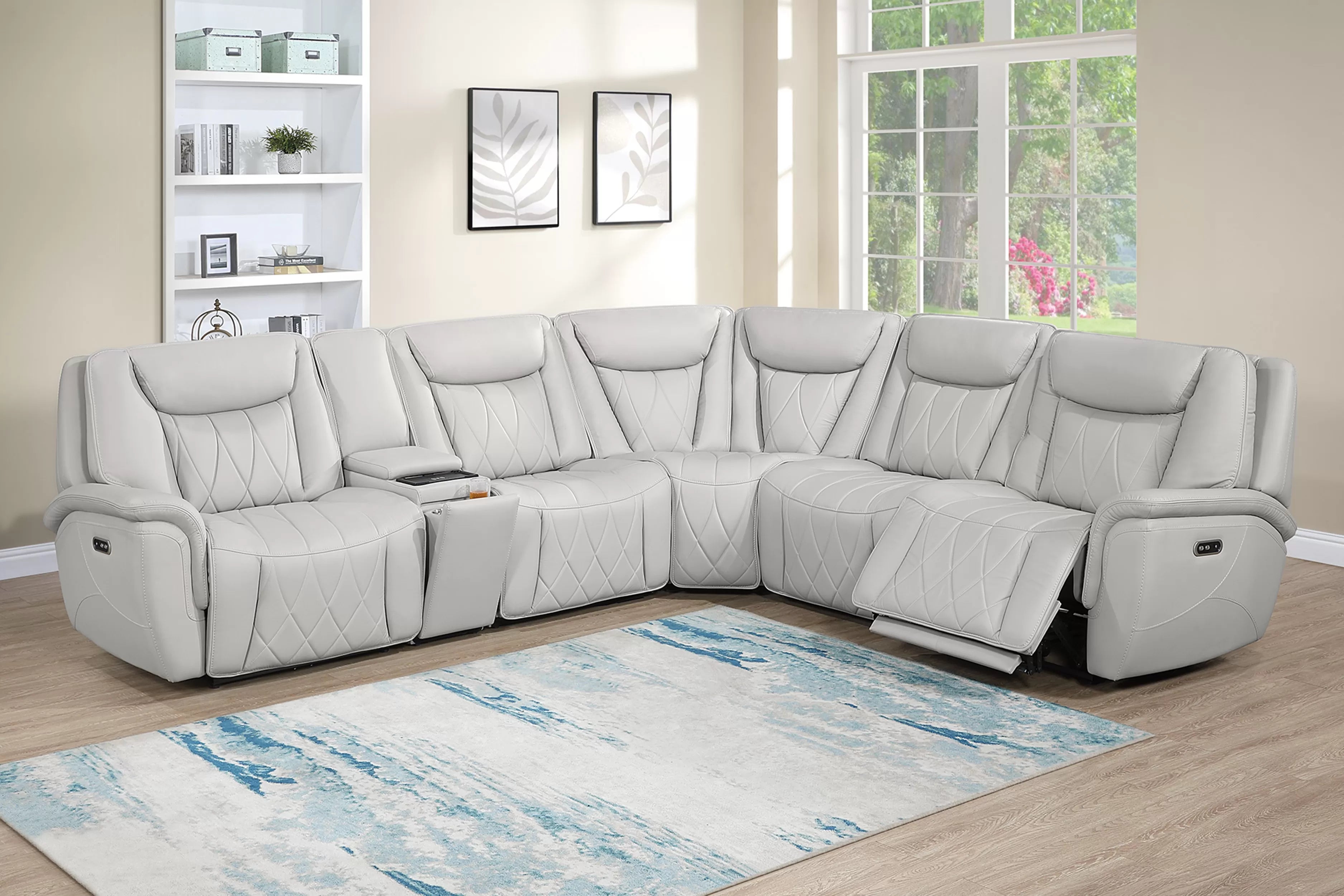 Poundex F86756 3 pc Light grey top grain leather match power motion recliners sectional sofa with console wireless charging diamond pattern