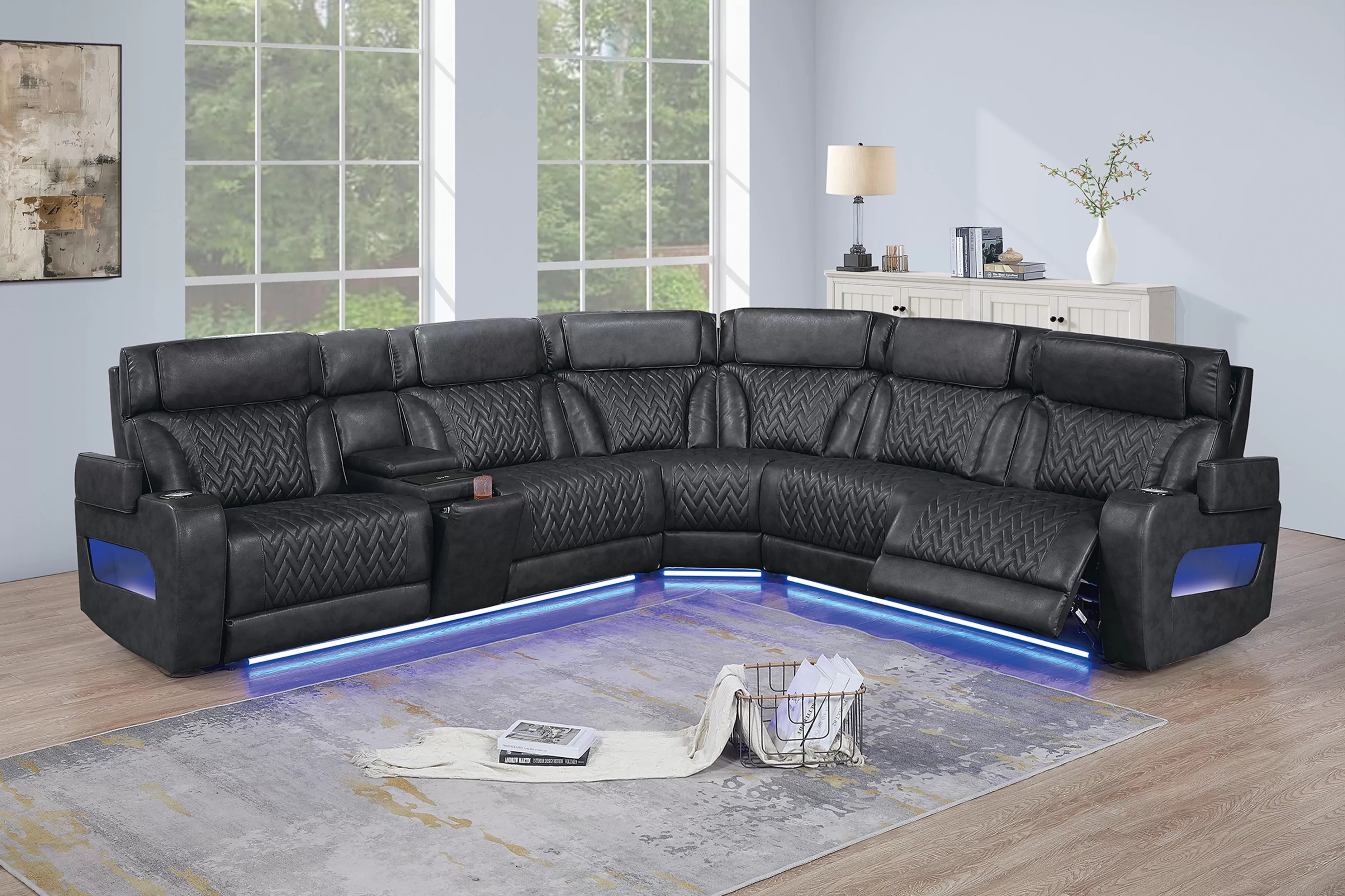 Poundex F86757 3 pc Black top grain leather match power motion recliners sectional sofa with console USB charging basket weave pattern