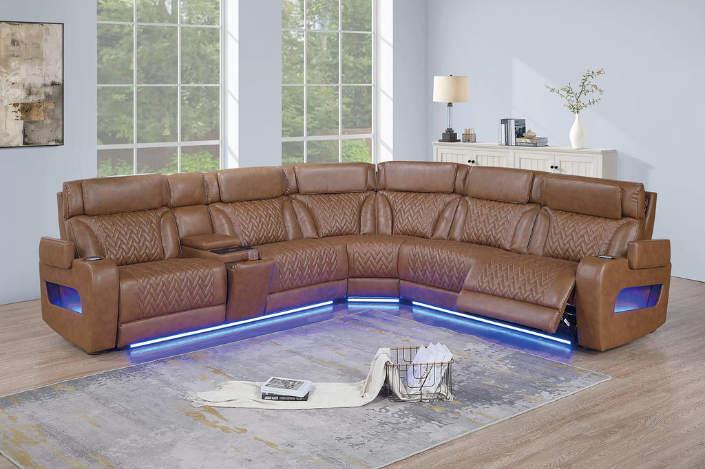 Poundex F86758 3 pc Caramel top grain leather match power motion recliners sectional sofa with console USB charging basket weave pattern