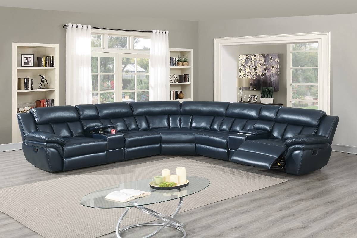 Poundex F8700 3 pc Red barrel studio jacqueline navy blue gel leatherette standard motion sectional sofa with consoles