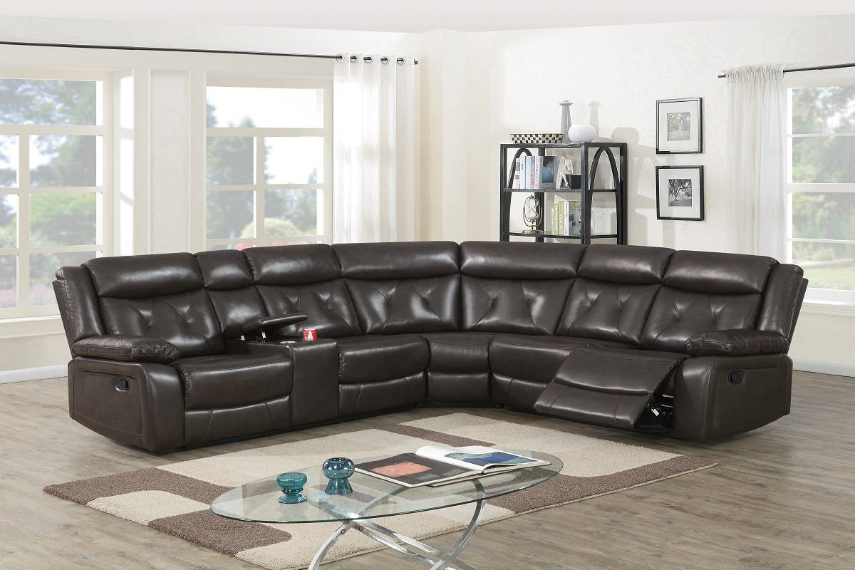 Poundex F8740 3 pc dark brown gel leatherette standard motion sectional sofa with console Red barrel studio Jubilee