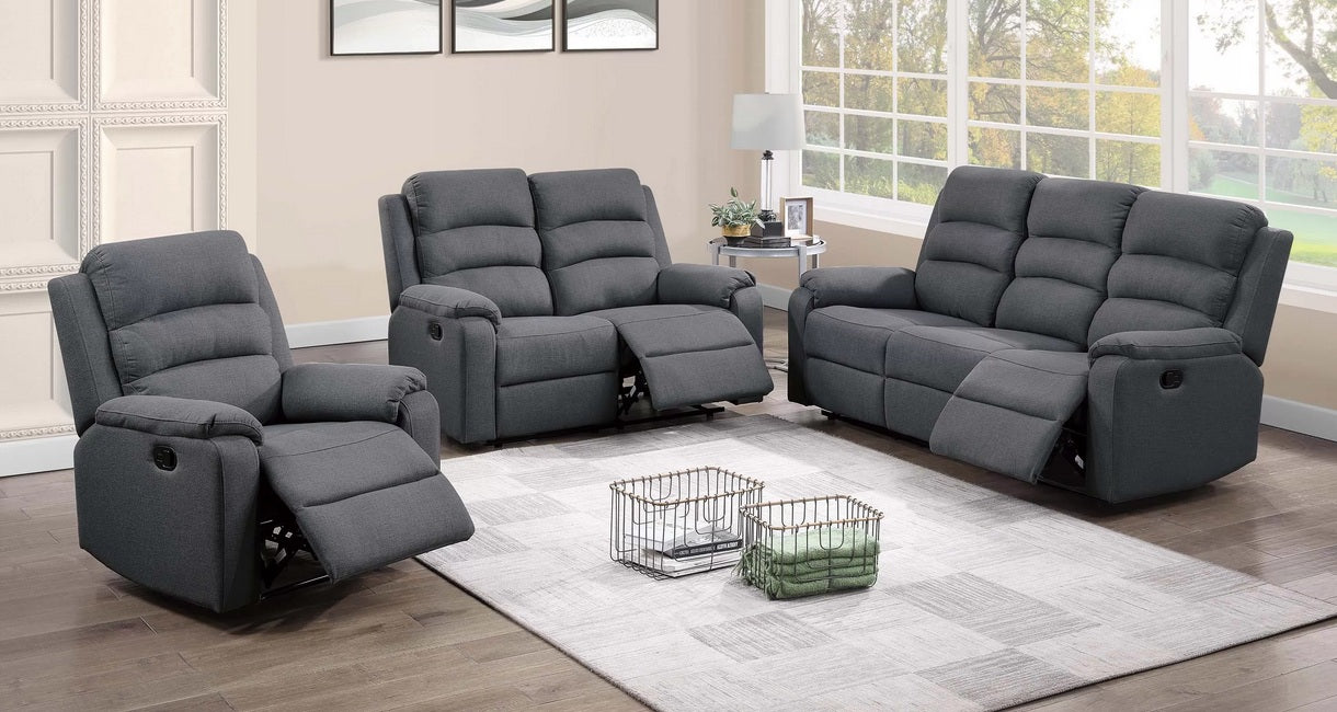 Poundex F8776-8137  2 pc dark grey linen like fabric sofa and love seat set with recliners on the ends