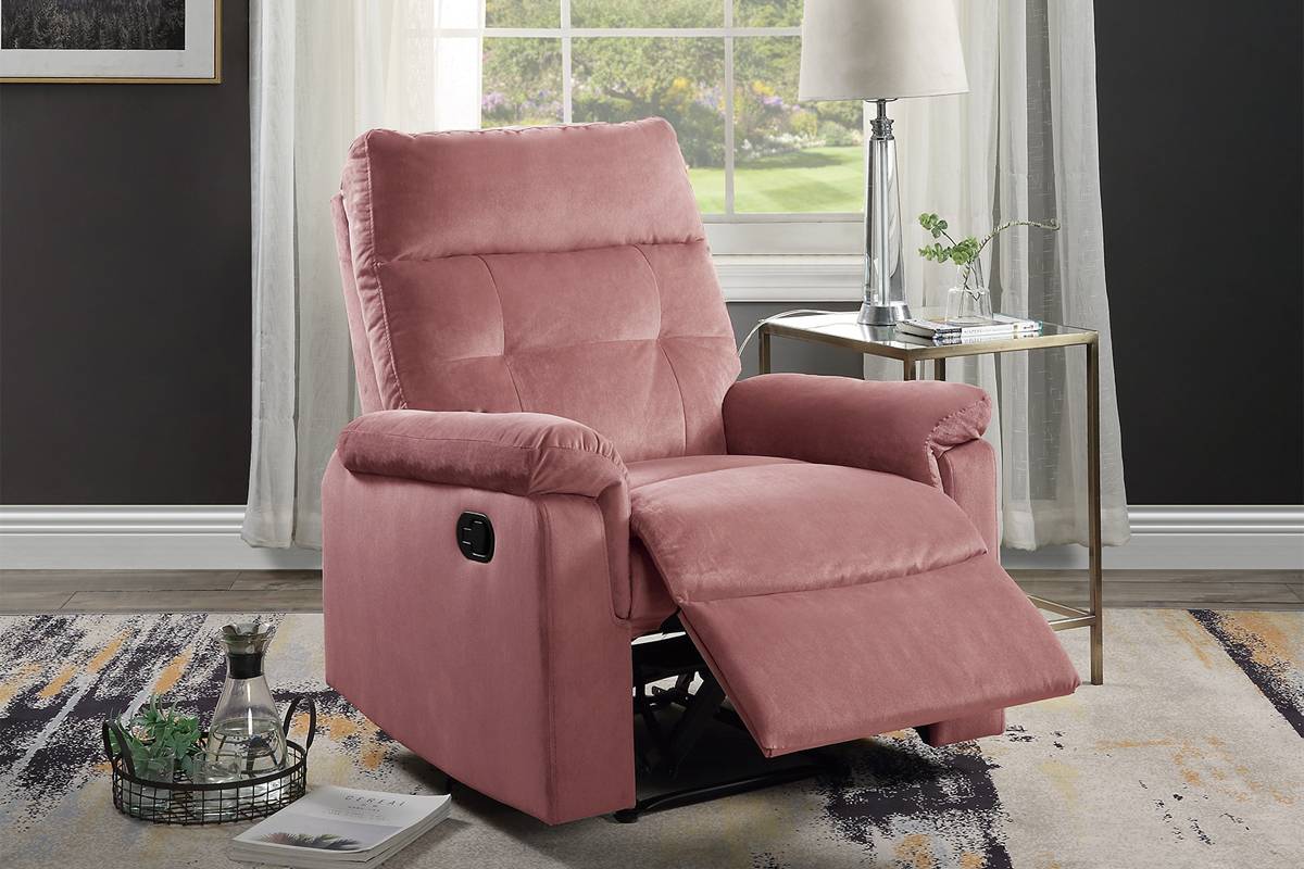 Poundex F8778 Blush pink velvet fabric recliner with tufted channel backs