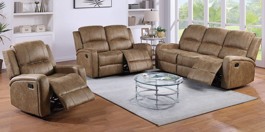 Poundex F8786-85  2 pc chestnut leather like fabric sofa and love seat set with recliners on the ends