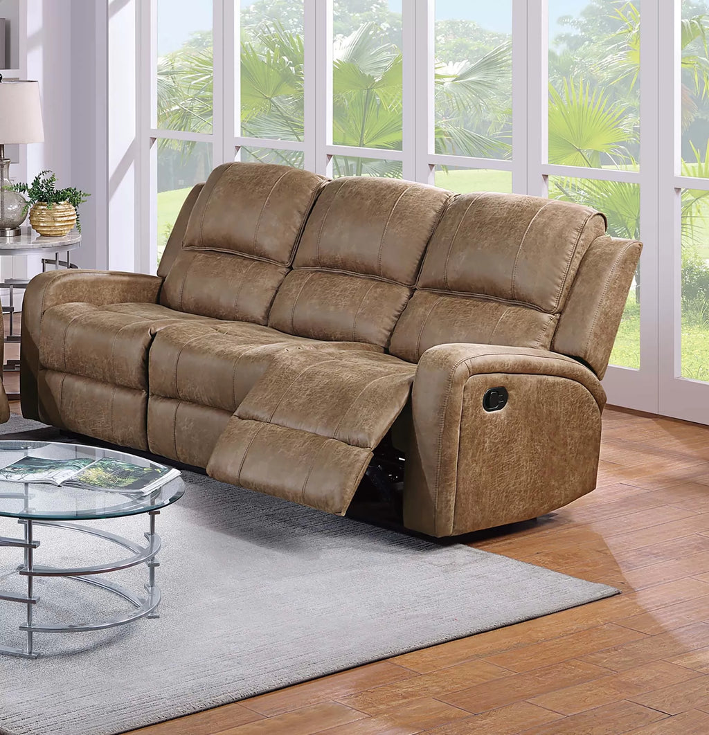 Poundex F8786-85  2 pc chestnut leather like fabric sofa and love seat set with recliners on the ends