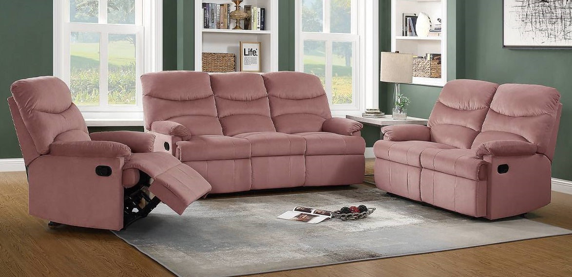 Poundex F8789-88 2 pc blush pink velvet sofa and love seat set with recliners on the ends