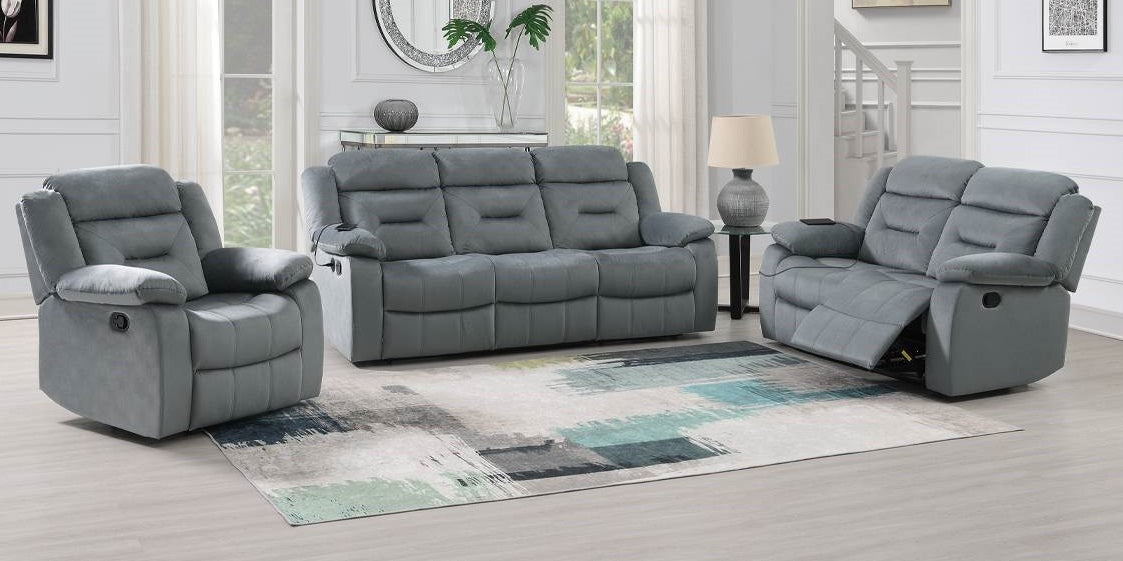 Poundex F8796-95  2 pc dark grey velvet sofa and love seat set with recliners on the ends with USB ports