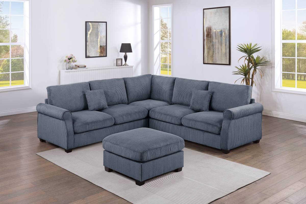 Poundex F8819 4 pc dark grey corduroy fabric sectional sofa with rounded arms and ottoman