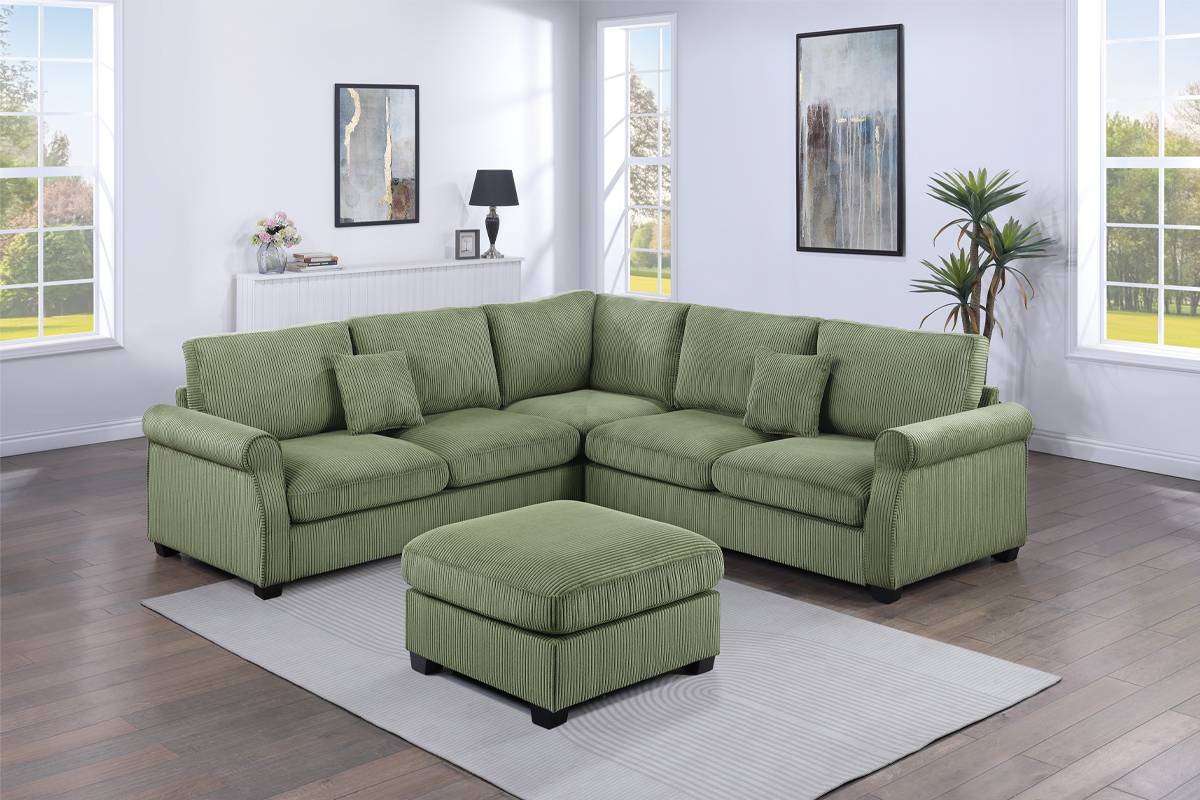 Poundex F8820 4 pc sage green corduroy fabric sectional sofa with