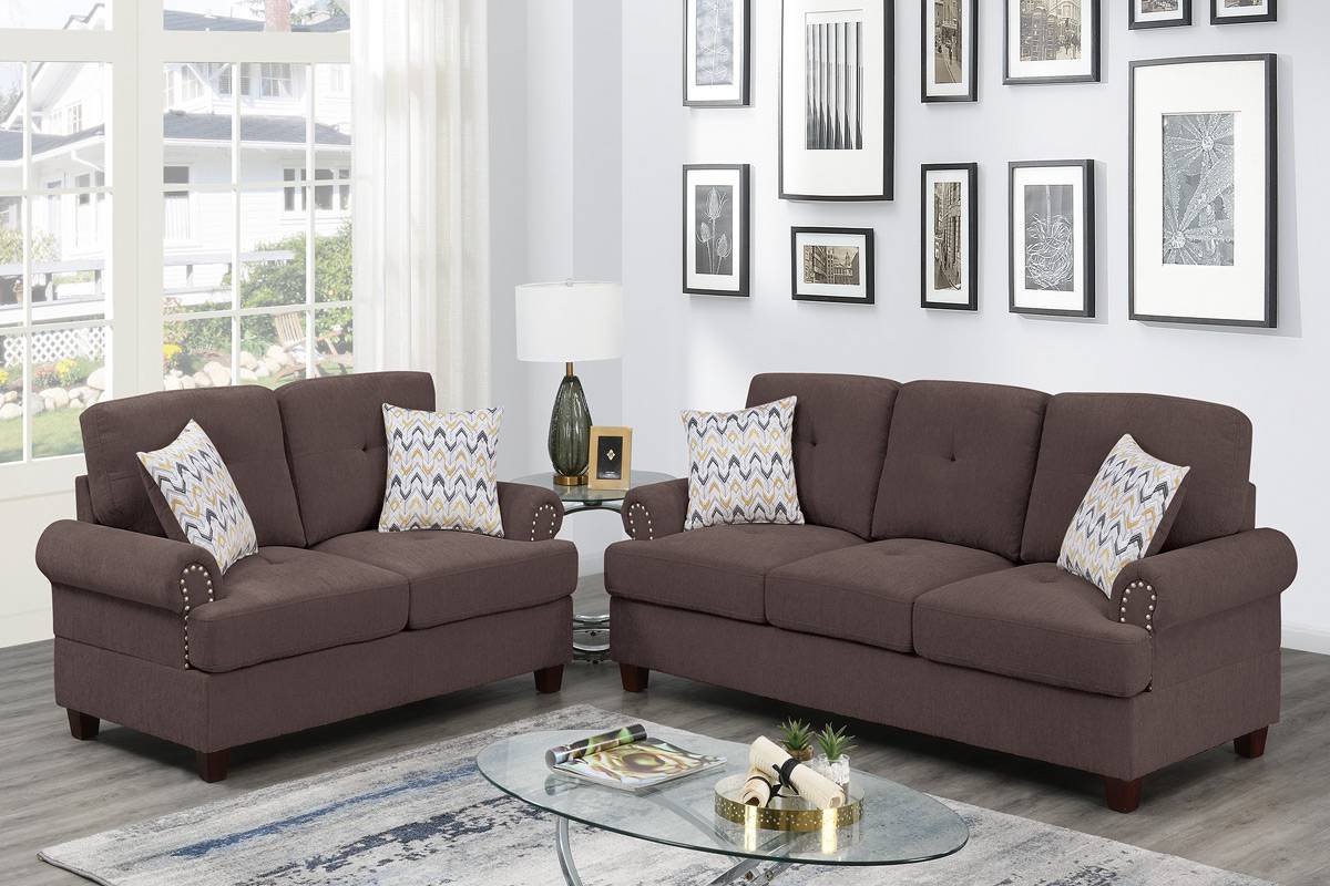Poundex F8835 2 pc Dillion dark coffee chenille fabric sofa and love seat set rounded arms