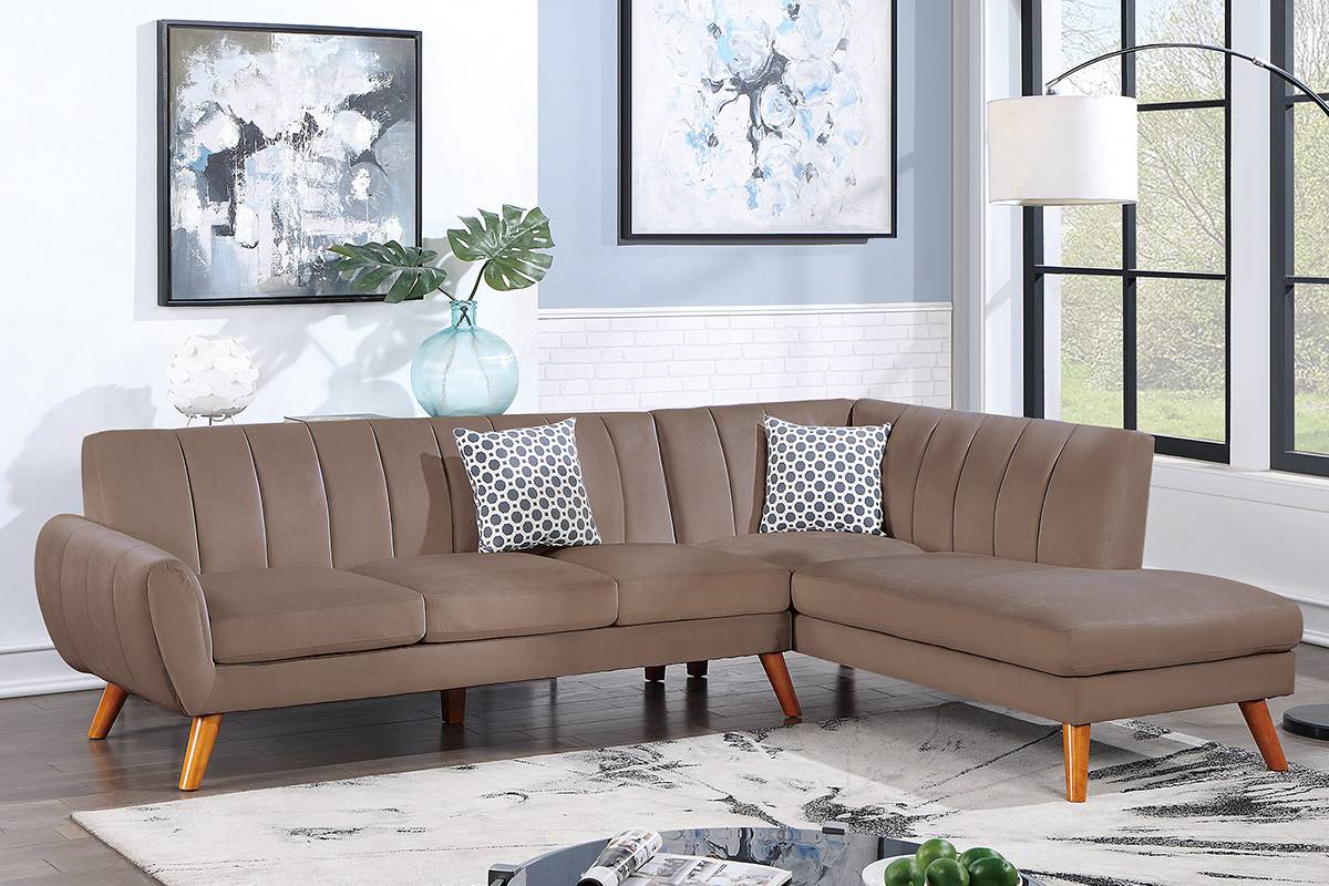 Poundex F8868 2 pc light brown velvet fabric sectional sofa with tufted back mid century modern A&J homes studio belinda abigail