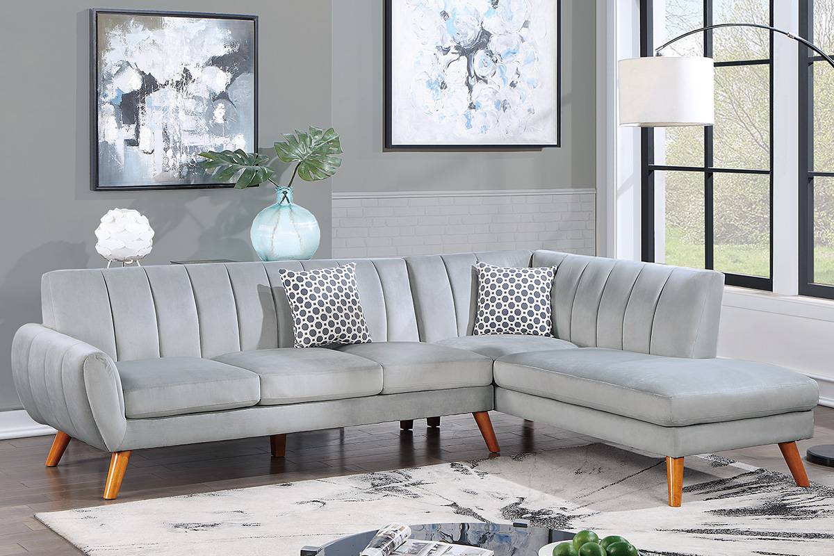 Poundex F8869 2 pc light gray velvet fabric sectional sofa with tufted back mid century modern A&J homes studio belinda abigail